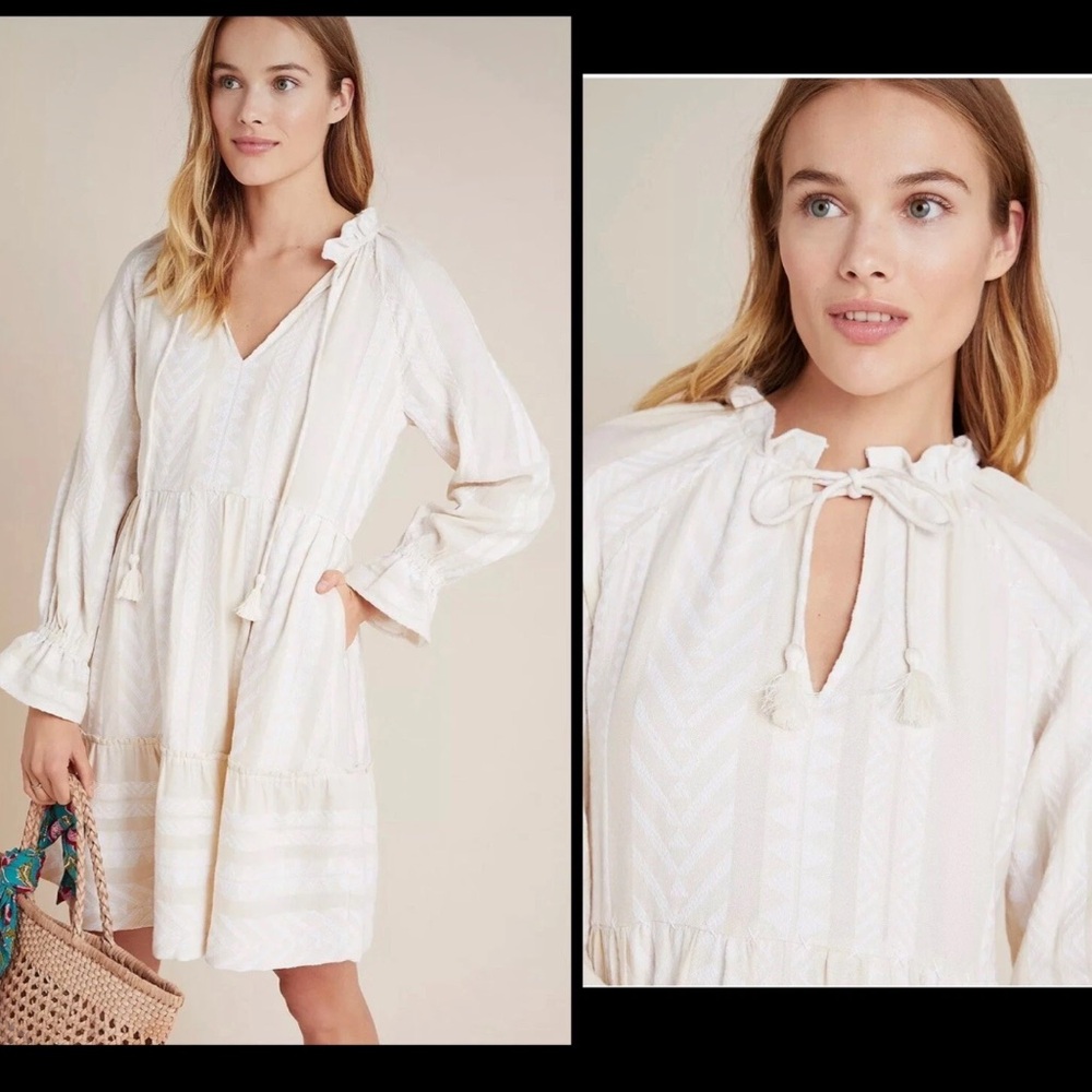 Anthropologie Maeve Dominique Tunic Dress Sz SP Cream White Tribal Print $168